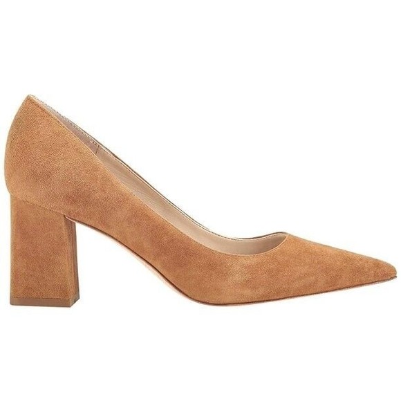Marc Fisher Zala Sz 9 Cognac Camel Suede Leather Pointy Toe Block Heel Pumps - Picture 1 of 9